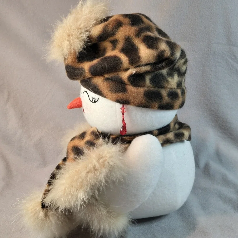 2 Snowman Couple Plushies W/ Leopard Print Scarf Hat Gloves Christmas Winter